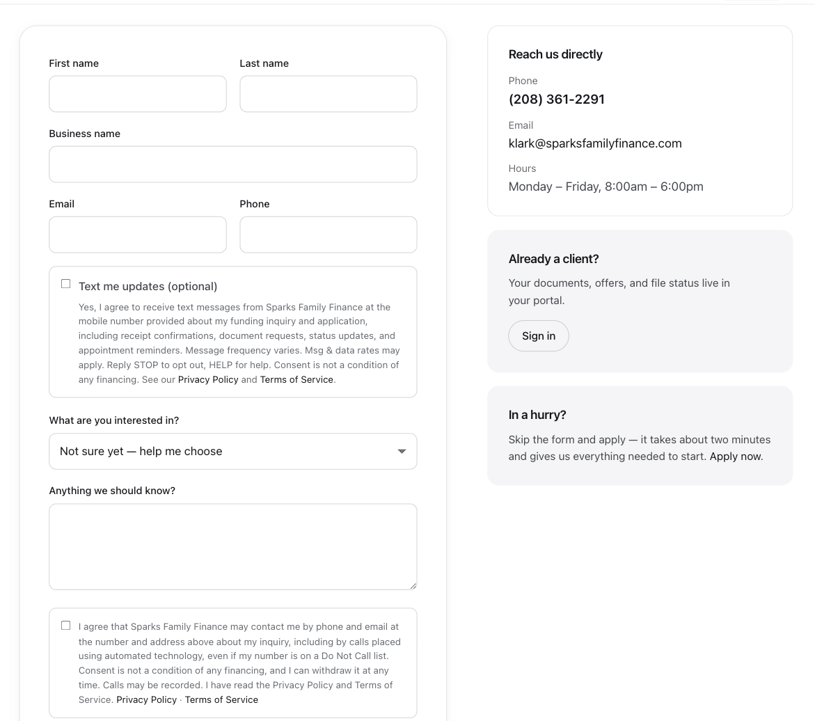 The Sparks Family Finance contact form: the phone field, then the unchecked, optional 'Text me updates' box with the full consent wording, then the separate required contact authorization.